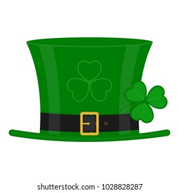 St Patrick's Day green leprechaun hat decorated with clover leaf, isolated on white background. Vector illustration of Irish holiday symbol