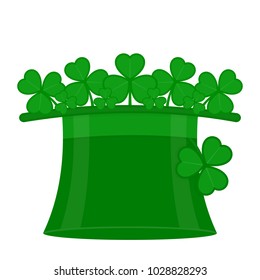 St Patrick's Day green leprechaun hat with clover leaves, isolated on white background. Vector illustration of Irish holiday symbol