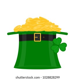 St Patrick's Day green leprechaun hat with heap of gold coins, decorated with clover leaf, isolated on white background. Vector illustration of Irish holiday symbol