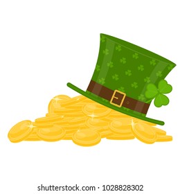 St Patricks Day green leprechaun hat on the pile of gold, decorated with clover leaves, isolated on white background. Vector illustration of Irish holiday symbol