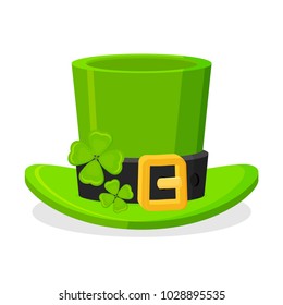 St Patrick's Day green leprechaun hat decorated with clover leaf, isolated on white background