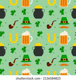 St. Patrick's Day: green leprechaun hat and mustache, golden horseshoe, pot of gold, mug of beer. Seamless pattern. Can be used for wallpaper, fill web page background, surface textures