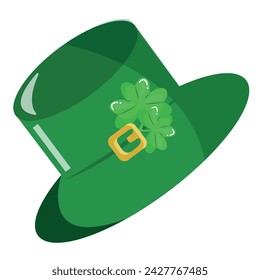 St. Patrick's Day green leprechaun hat with two four-leaf clovers, for posters, designs and banners