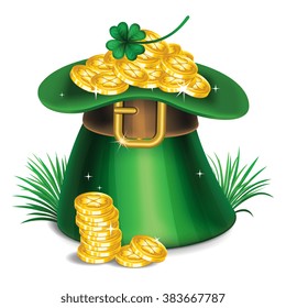 St. Patrick's Day green leprechaun hat with clover and gold coins. Vector illustration