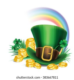 St. Patrick's Day green leprechaun hat with clover, gold coins and rainbow. Vector illustration