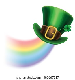 St. Patrick's Day green leprechaun hat with clover and rainbow. Vector illustration