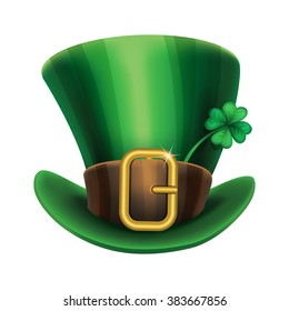 St. Patrick's Day green leprechaun hat with clover. Vector illustration