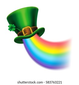 St. Patrick's Day green leprechaun hat with clover and rainbow, St.Patrick's Day symbol. St.Patrick's Day background. Vector illustration