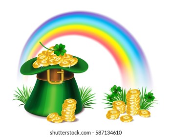 St. Patrick's Day green leprechaun hat with clover, gold coins and rainbow, St.Patrick's Day symbol. St.Patrick's Day background. Vector illustration