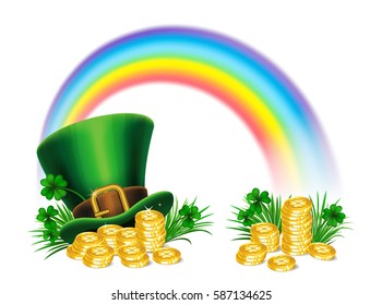 Sombrero verde leprechaun del Día de San Patricio con trébol, monedas de oro y arcoíris, símbolo del Día de San Patricio. Antecedentes del Día de San Patricio. Ilustración del vector