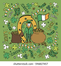 st. Patricks day. Green luck. Hand drawn vector stock illustration. 