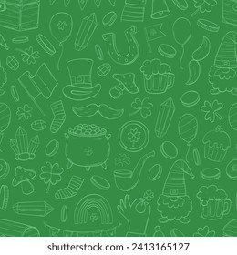 St Patrick's day green monochrome seamless pattern with doodles for wallpaper, textile prints, wrapping paper, packaging, scrapbooking, etc. EPS 10