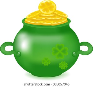 St. Patrick's Day green pot of gold, wealth symbol, coins, vector illustration