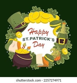 St. Patricks Day green square banner with traditional holiday items arranged in a circle