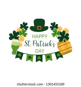St. Patrick's Day greeting banner. Irish luck concept. Green hat, clover, coins, flags and beer vector elements.