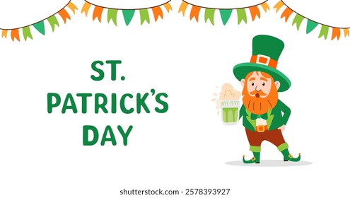 St. Patrick's Day greeting banner. Leprechaun in green hat with beer. Holiday Irish background. Hand drawn elements Red beard, flag, shamrock, beer. Vector flat illustration.