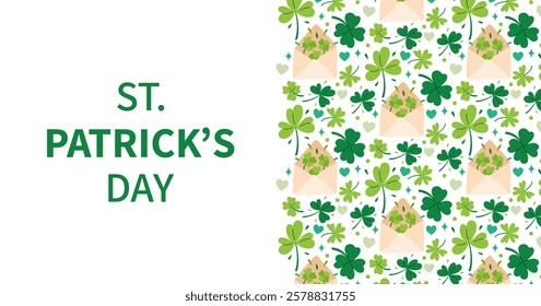 St. Patrick's Day greeting banner. Green clover and festive envelope. Holiday Irish background. Hand drawn elements shamrock, envelope. Vector flat illustration.