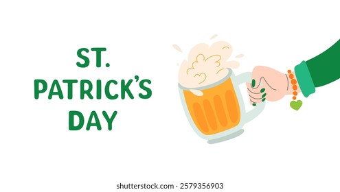 St. Patrick's Day greeting banner. Leprechaun hand with beer glass. Holiday Irish background. Hand drawn elements. Vector flat illustration.