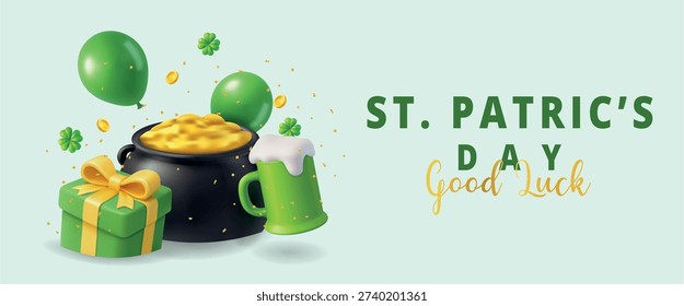 St. Patricks Day greeting banner with pot of gold, beer mug, clovers, balloons and gold coins
