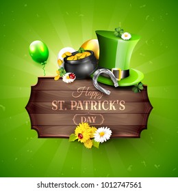 St. Patrick's Day greeting card with Leprechaun`s hat, pot of gold, cloverleafs and balloons in the colors of Ireland.