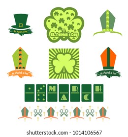 St. Patricks Day greeting card design elements set. Bishop hat and shamrock. Vector illustration.
