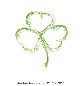 St. Patrick's Day greeting card template on a grunge texture green shape with lucky shamrock clover for print, t-shirt, decorative festive design element.