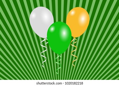 St Patrick's Day Greeting card. Green, white and orange balloons of color of the Irish flag on the striped background. Vector illustration EPS10 for Saint Patrick's Day