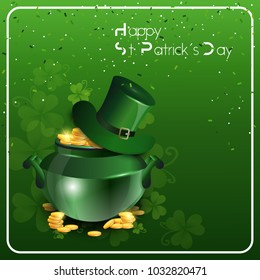 St. Patricks Day Greeting Card With Leprechaun Pot With Gold On Green Background Flat Vector Illustration