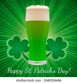 St. Patrick's Day greeting card on a bright green background with clover and glass of beer. Easy to edit vector design template for your artworks.