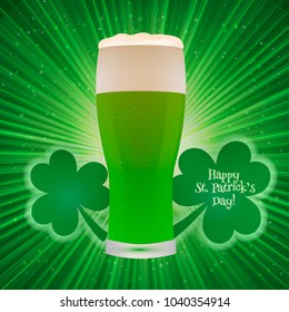 St. Patrick's Day greeting card on a bright green background with clover and glass of beer. Easy to edit vector design template for your artworks.