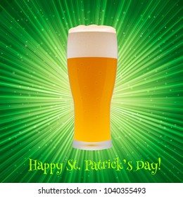 St. Patrick's Day greeting card on a bright green background with beer glass. Easy to edit vector design template for your artworks.