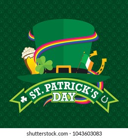 St. Patrick's Day greeting card with a green hat adorned with a clover, Irish flag, a horseshoe, a glass of beer and a rainbow, with the title on a green ribbon on dark green background with shamrocks
