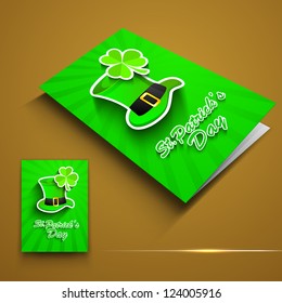 St. Patrick's Day greeting card or flyer with Leprechaun hat and shamrock on brown. EPS 10.