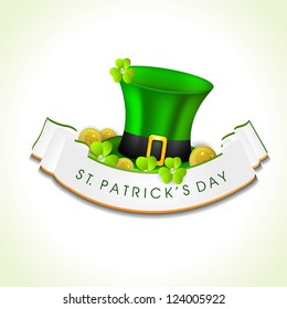 St. Patrick's Day greeting card or background with Leprechaun hat, gold coins and shamrock. EPS 10.