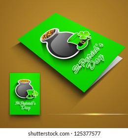 St. Patrick's Day greeting card or flyer with golden coins pot, leprechaun hat and shamrock on brown. EPS 10.