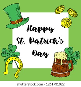 St. Patrick's Day greeting card. Vector cartoon illustration. Isolated objects. Hand-drawn style.