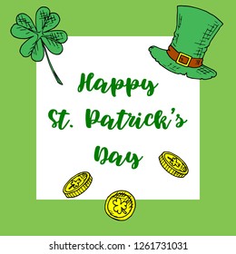 St. Patrick's Day greeting card. Vector cartoon illustration. Isolated objects. Hand-drawn style.