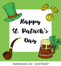 St. Patrick's Day greeting card. Vector cartoon illustration. Isolated objects. Hand-drawn style.