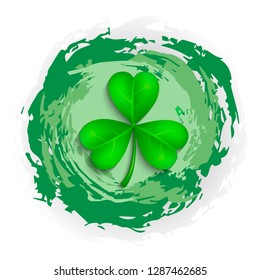 St. Patrick's Day greeting card template on a grunge texture green shape with lucky shamrock clover for print, t-shirt, decorative festive design element.