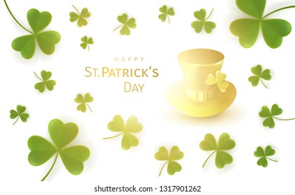 St. Patrick's Day Greeting Card with flying clover leaves and golden gnome hat on a white background with a bright glow. Irish traditional national holiday