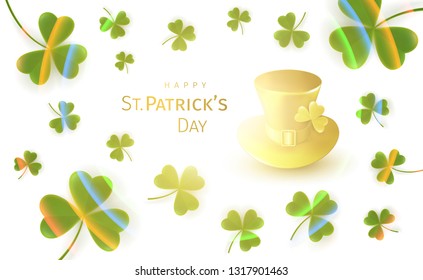 St. Patrick's Day Greeting Card with flying clover leaves and golden gnome hat on a white background with a bright glow and rainbow. Irish traditional national holiday