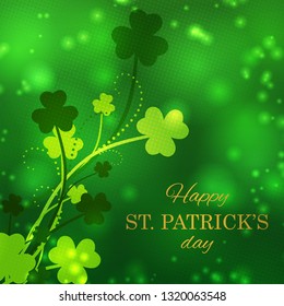 St Patrick's Day greeting card with magic shamrock leaves in green colors