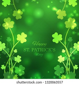 St Patrick's Day greeting card with magic shamrock leaves in green colors