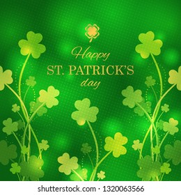 St Patrick's Day greeting card with magic shamrock leaves in green colors