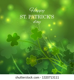 St Patrick's Day greeting card with magic shamrock leaves in green colors