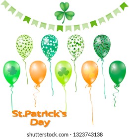 St. Patrick's Day greeting card template. Clover leaves, coins, inflated balls, garland of flags, horseshoe confetti on white. Irish holiday Saint Patrick's Day. Party poster, disco night placard