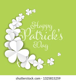 St. Patrick's Day greeting card flyer poster template with few white paper clover leafs