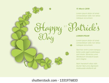 St. Patrick's Day greeting card flyer poster template with green paper clover leafs