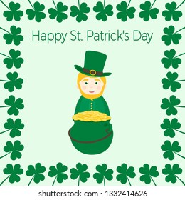 St. Patrick's Day greeting card vector with pot of coins, hat and clover 