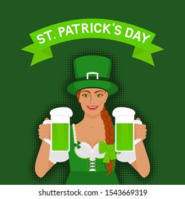 St. Patrick's day greeting card. Redhead Irish girl holding two mugs of green beer